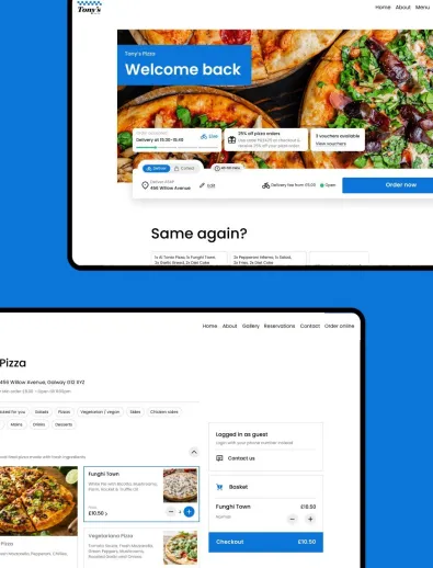 Tony s Pizza ordering and home page on a blue background