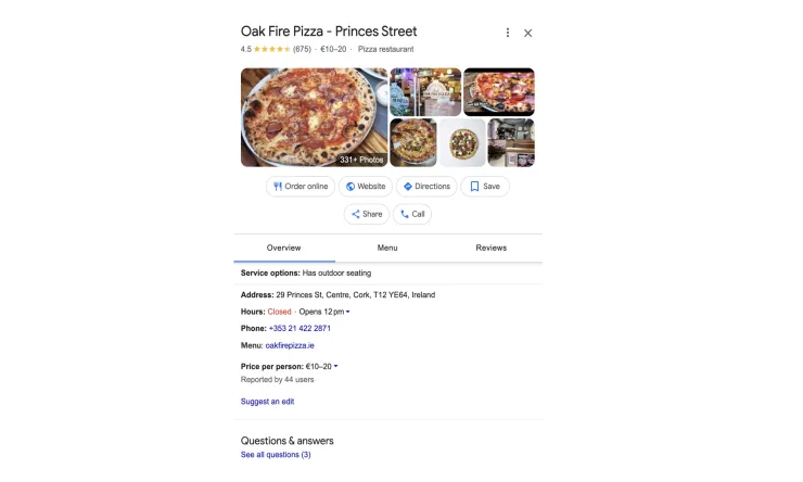 A screenshot of Oak Fire Pizzas Google My Business