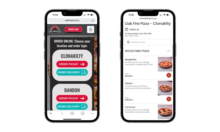 Mobile phones showing Oak Fire Pizza website and online ordering