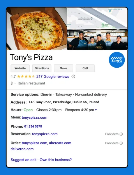 Google business page for Tonys Pizza ie