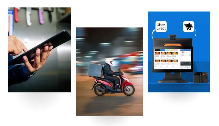 Images of tablet man on motorbike and flipdish pos